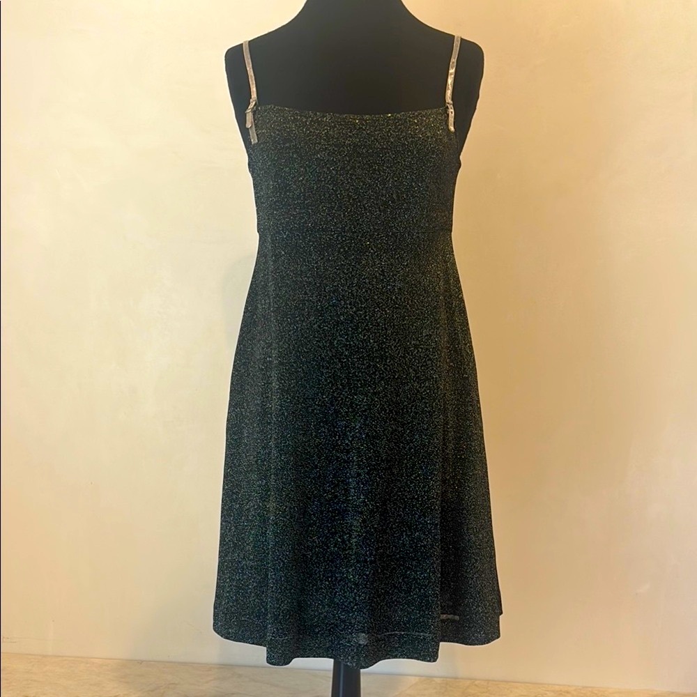 Vintage 1995 Black Metallic Shimmer Mini Dress • 90s Y2K Glam